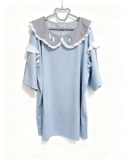 pipoo - Original design collaboration with Safe Ward: Harajuku-inspired subculture ruffled collar cute floral navy T-shirt