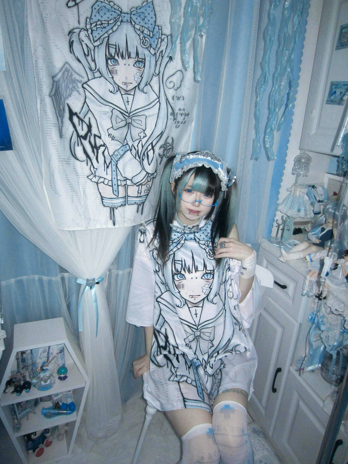 Teraji angel zipper t-shirt and wall tapestry display