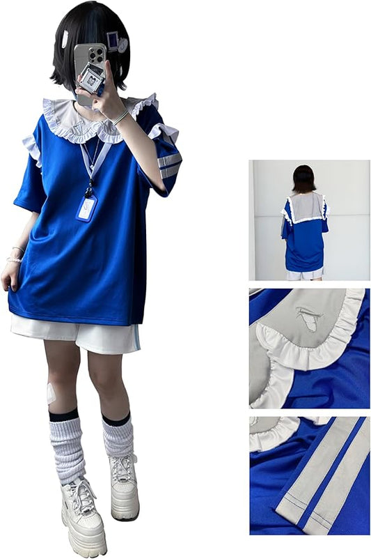 pipoo - Original design collaboration with Safe Ward: Harajuku-inspired subculture ruffled collar cute floral navy T-shirt